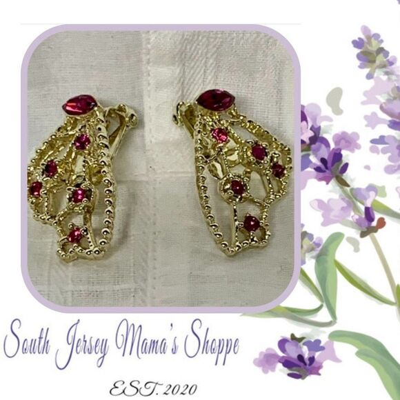 Vintage 1980s Clip Earrings Gold and Hot Pink Butterfly Wing Shape (J208) - Picture 1 of 16